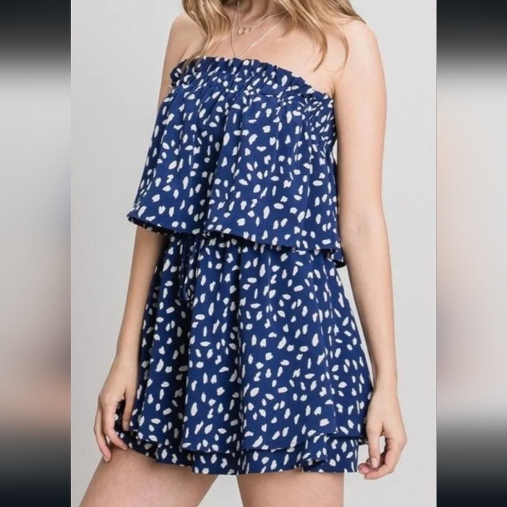 Allie Rose NEW Strapless Blue Romper Coquette White Spots Mini Shorts Waist NWT